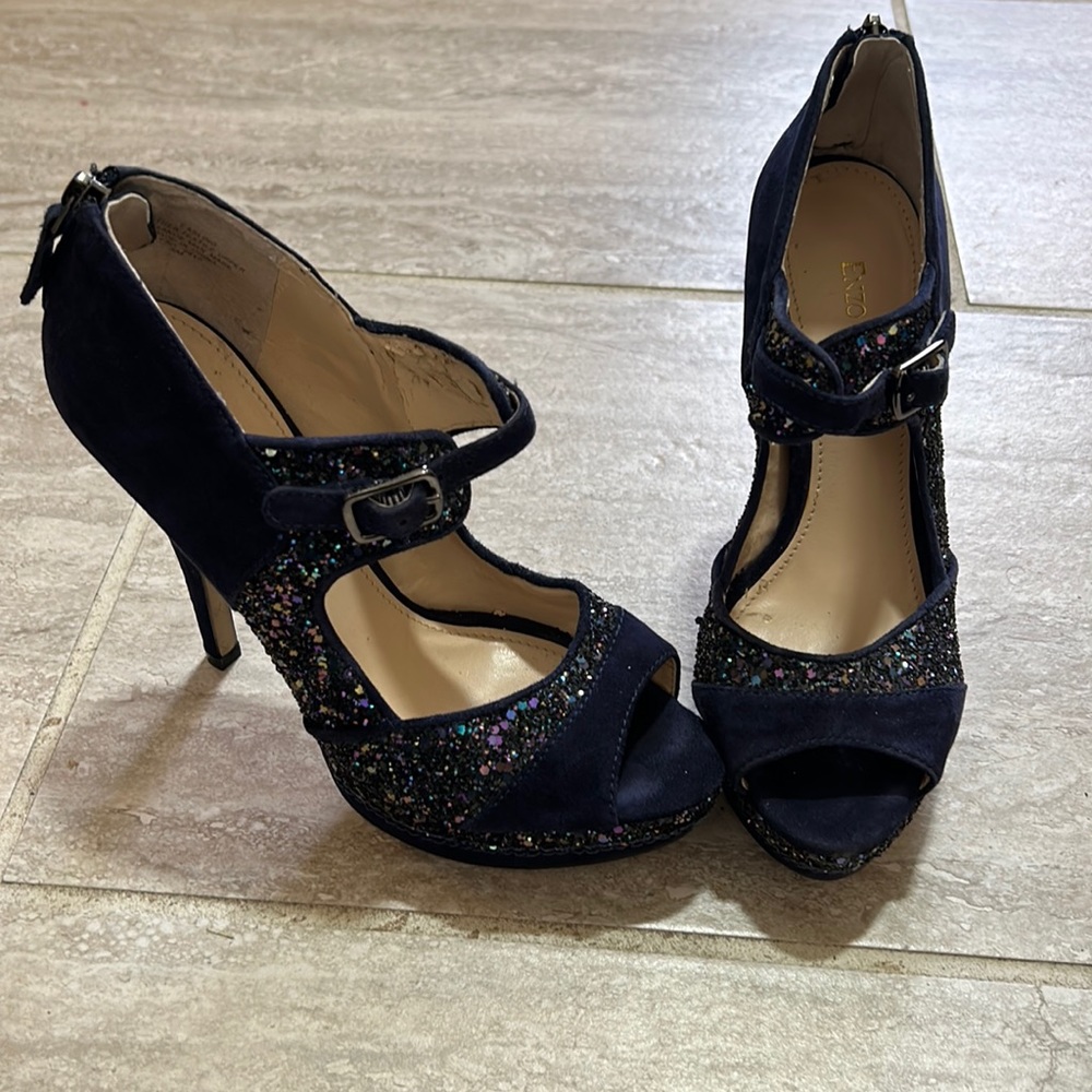 Enzo Angiolini Navy Glitter Suede Peep-Toe Heels with Ankle Strap
